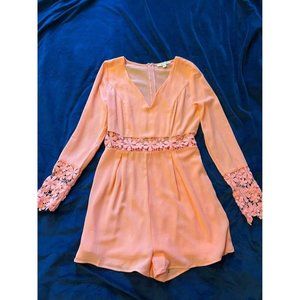 Bright coral Neon Color Romper With Lace-size Small